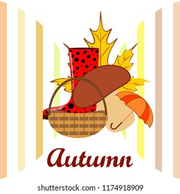 umbrella rubber boots maple leaf basket mushroom autumnal vector background