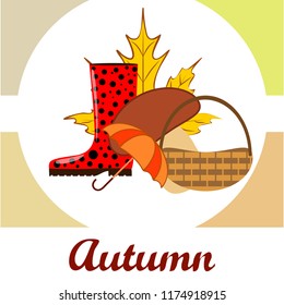 umbrella rubber boots maple leaf basket mushroom autumnal vector background