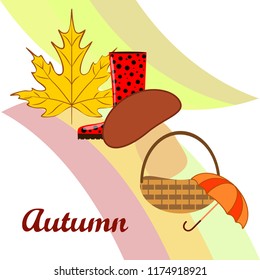 umbrella rubber boots maple leaf basket mushroom autumnal vector background