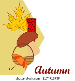 umbrella rubber boots maple leaf basket mushroom autumnal vector background