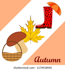 umbrella rubber boots maple leaf basket mushroom autumnal vector background