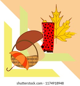 umbrella rubber boots maple leaf basket mushroom autumnal vector background