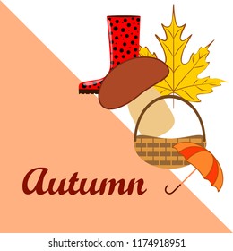 umbrella rubber boots maple leaf basket mushroom autumnal vector background
