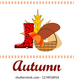 umbrella rubber boots maple leaf basket mushroom autumnal vector background