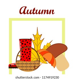 umbrella rubber boots maple leaf basket mushroom autumnal vector background