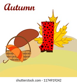 umbrella rubber boots maple leaf basket mushroom autumnal vector background