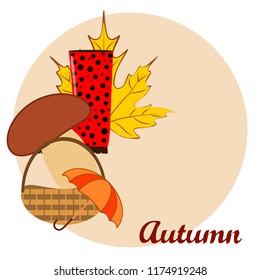 umbrella rubber boots maple leaf basket mushroom autumnal vector background