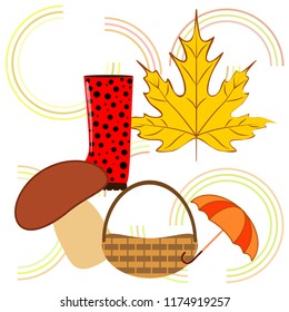 umbrella rubber boots maple leaf basket mushroom autumnal vector background