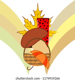 umbrella rubber boots maple leaf basket mushroom autumnal vector background