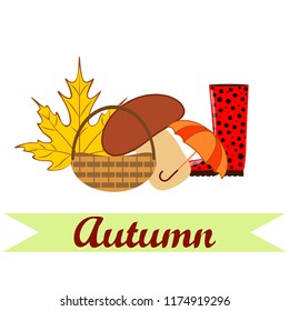 umbrella rubber boots maple leaf basket mushroom autumnal vector background
