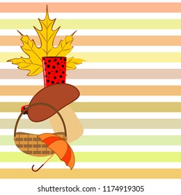 umbrella rubber boots maple leaf basket mushroom autumnal vector background