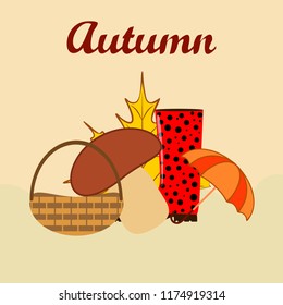 umbrella rubber boots maple leaf basket mushroom autumnal vector background