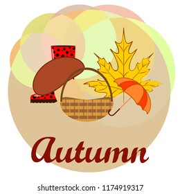 umbrella rubber boots maple leaf basket mushroom autumnal vector background