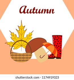umbrella rubber boots maple leaf basket mushroom autumnal vector background