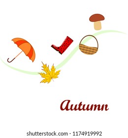 umbrella rubber boots maple leaf basket mushroom autumnal vector background
