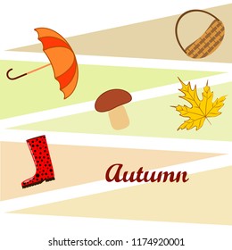 umbrella rubber boots maple leaf basket mushroom autumnal vector background