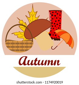 umbrella rubber boots maple leaf basket mushroom autumnal vector background