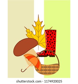 umbrella rubber boots maple leaf basket mushroom autumnal vector background