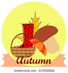umbrella rubber boots maple leaf basket mushroom autumnal vector background