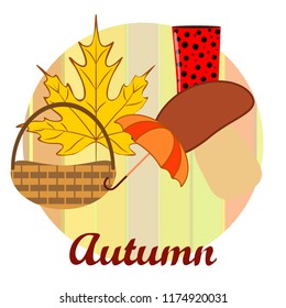 umbrella rubber boots maple leaf basket mushroom autumnal vector background