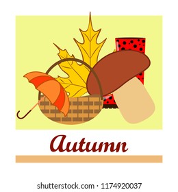 umbrella rubber boots maple leaf basket mushroom autumnal vector background
