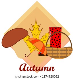 umbrella rubber boots maple leaf basket mushroom autumnal vector background