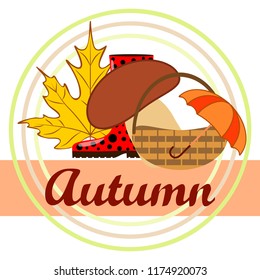 umbrella rubber boots maple leaf basket mushroom autumnal vector background