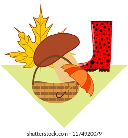 umbrella rubber boots maple leaf basket mushroom autumnal vector background