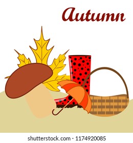 umbrella rubber boots maple leaf basket mushroom autumnal vector background