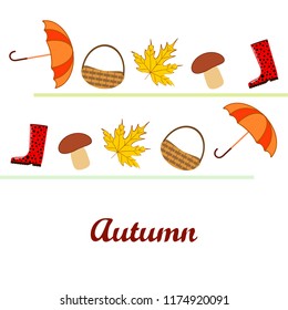 umbrella rubber boots maple leaf basket mushroom autumnal vector background
