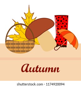 umbrella rubber boots maple leaf basket mushroom autumnal vector background