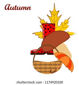 umbrella rubber boots maple leaf basket mushroom autumnal vector background