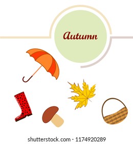 umbrella rubber boots maple leaf basket mushroom autumnal vector background