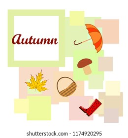 umbrella rubber boots maple leaf basket mushroom autumnal vector background