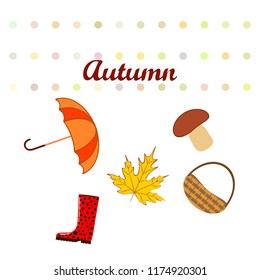 umbrella rubber boots maple leaf basket mushroom autumnal vector background