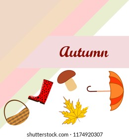 umbrella rubber boots maple leaf basket mushroom autumnal vector background