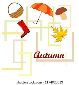 umbrella rubber boots maple leaf basket mushroom autumnal vector background