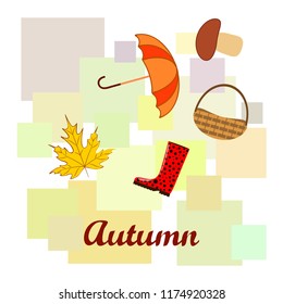 umbrella rubber boots maple leaf basket mushroom autumnal vector background