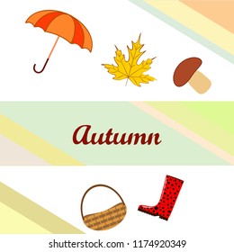 umbrella rubber boots maple leaf basket mushroom autumnal vector background