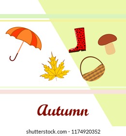 umbrella rubber boots maple leaf basket mushroom autumnal vector background