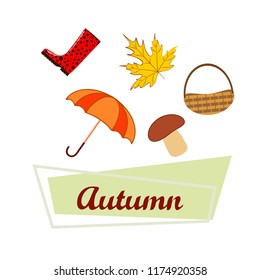umbrella rubber boots maple leaf basket mushroom autumnal vector background