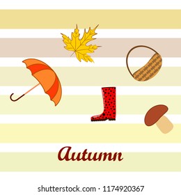 umbrella rubber boots maple leaf basket mushroom autumnal vector background