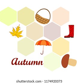 umbrella rubber boots maple leaf basket mushroom autumnal vector background