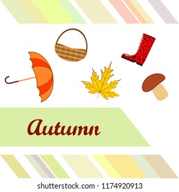 umbrella rubber boots maple leaf basket mushroom autumnal vector background