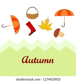 umbrella rubber boots maple leaf basket mushroom autumnal vector background