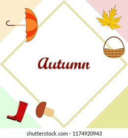umbrella rubber boots maple leaf basket mushroom autumnal vector background