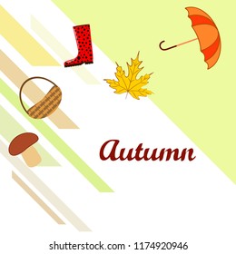 umbrella rubber boots maple leaf basket mushroom autumnal vector background