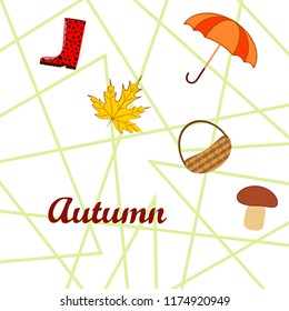 umbrella rubber boots maple leaf basket mushroom autumnal vector background