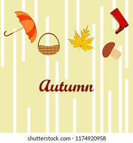 umbrella rubber boots maple leaf basket mushroom autumnal vector background