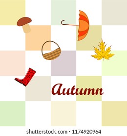 umbrella rubber boots maple leaf basket mushroom autumnal vector background